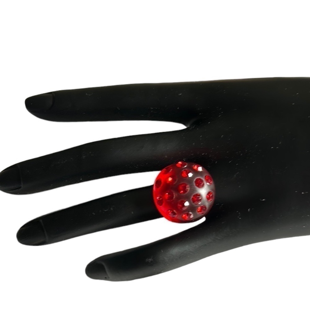 Red Rhinestone Lucite Dome Ring Size 7
